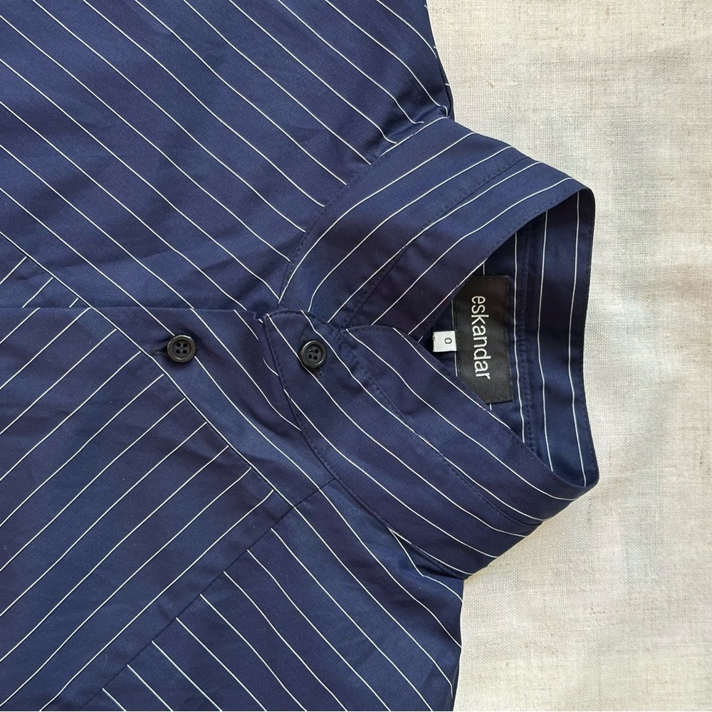 Eskandar Double Stand Collar Botton Shirt Navy Stripe Patchwork Cotton Luxury - Picture 9 of 13